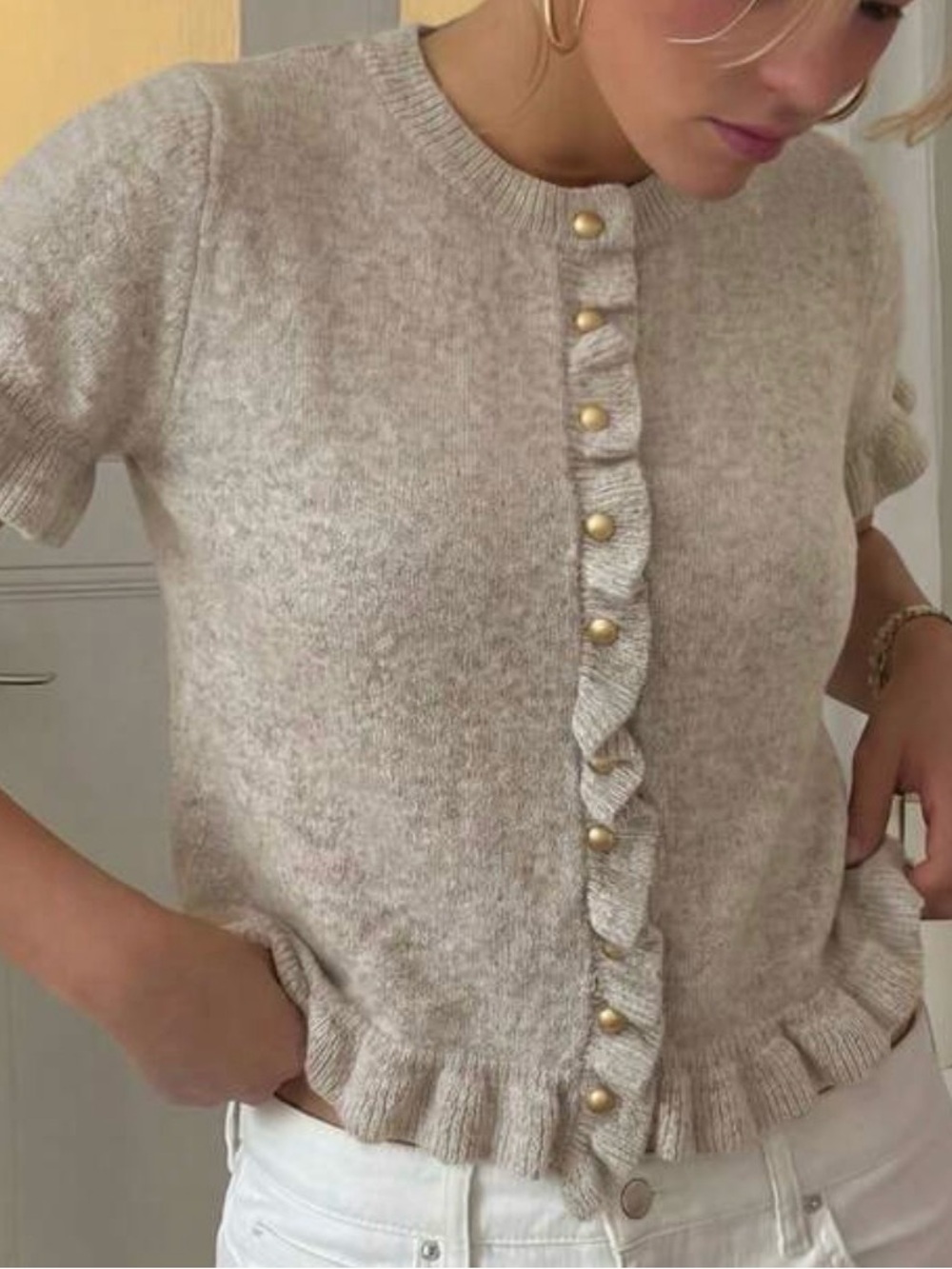 Beige Ruffle-Trim Short Sleeve Knit Top